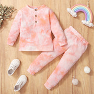 2-piece Pink Tie Dye Long-sleeve Ribbed Henley Shirt and Pants Set